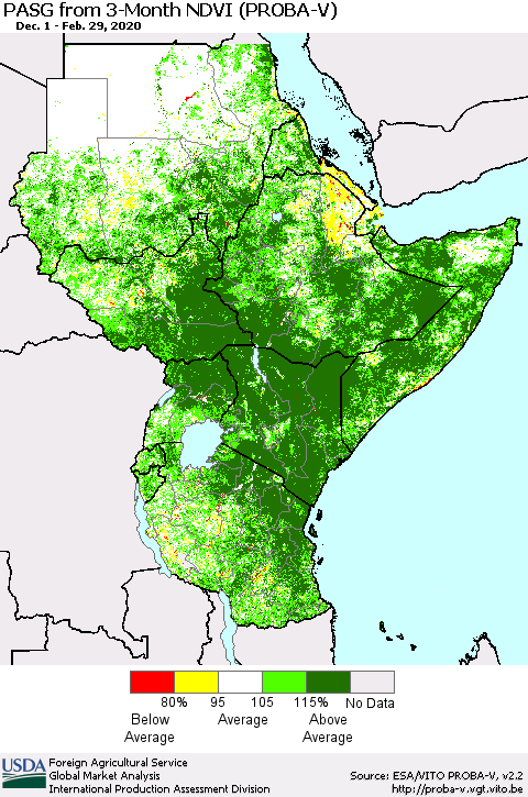 Eastern Africa PASG from 3-Month NDVI (PROBA-V) Thematic Map For 2/21/2020 - 2/29/2020