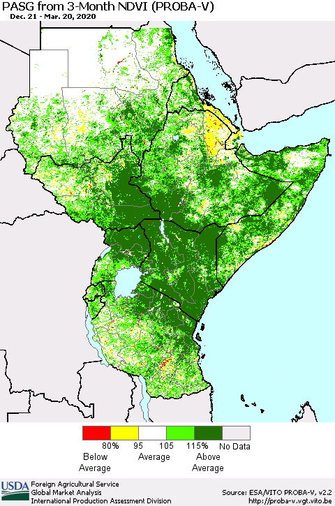 Eastern Africa PASG from 3-Month NDVI (PROBA-V) Thematic Map For 3/11/2020 - 3/20/2020