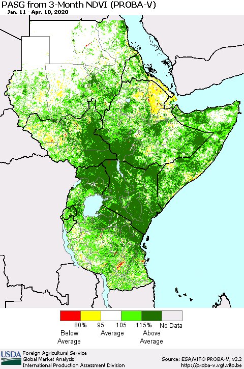 Eastern Africa PASG from 3-Month NDVI (PROBA-V) Thematic Map For 4/1/2020 - 4/10/2020