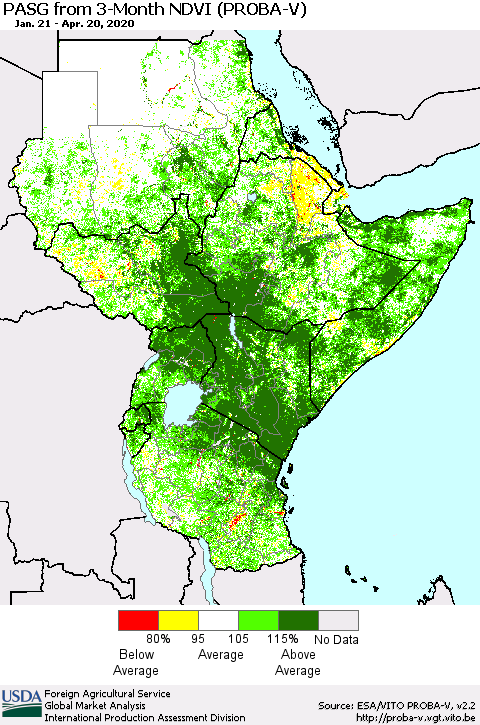 Eastern Africa PASG from 3-Month NDVI (PROBA-V) Thematic Map For 4/11/2020 - 4/20/2020