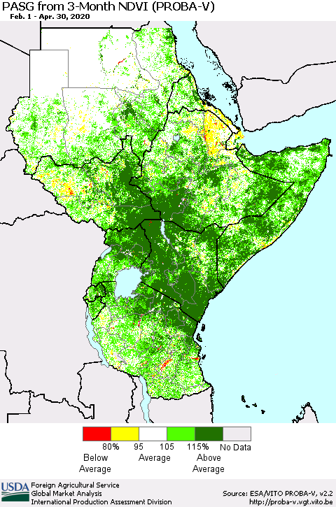 Eastern Africa PASG from 3-Month NDVI (PROBA-V) Thematic Map For 4/21/2020 - 4/30/2020