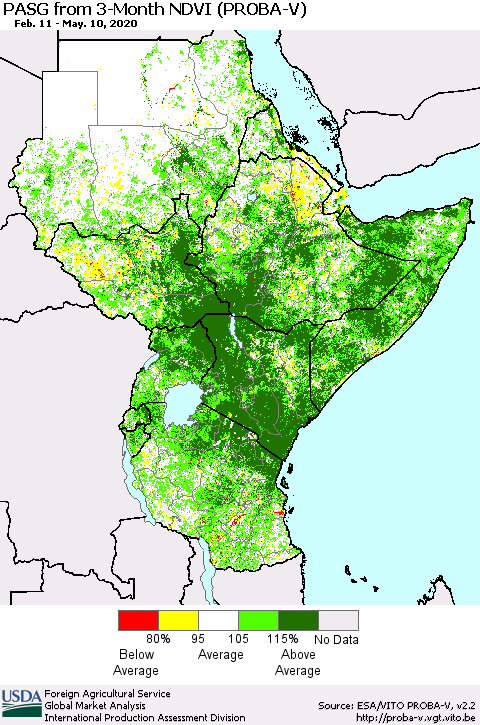 Eastern Africa PASG from 3-Month NDVI (PROBA-V) Thematic Map For 5/1/2020 - 5/10/2020