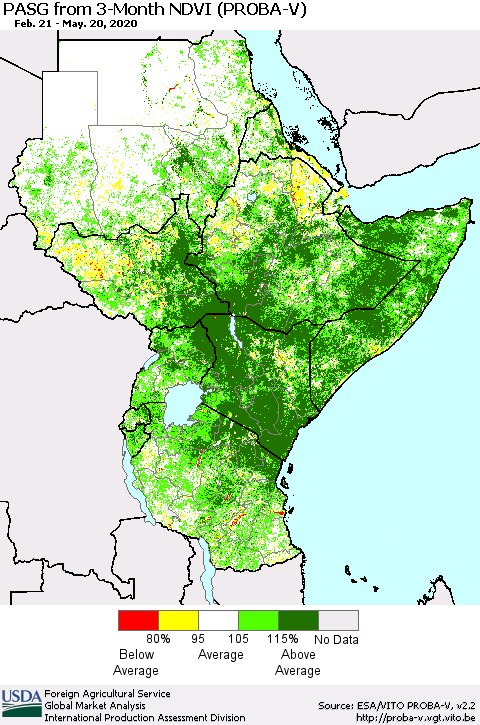 Eastern Africa PASG from 3-Month NDVI (PROBA-V) Thematic Map For 5/11/2020 - 5/20/2020