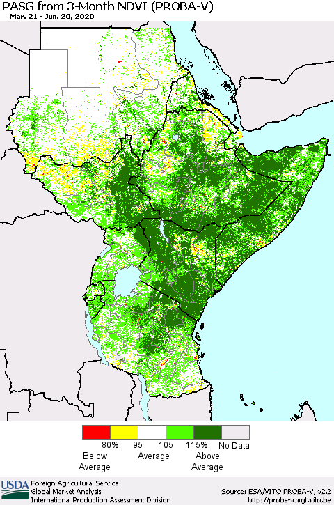 Eastern Africa PASG from 3-Month NDVI (PROBA-V) Thematic Map For 6/11/2020 - 6/20/2020