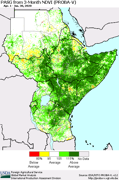 Eastern Africa PASG from 3-Month NDVI (PROBA-V) Thematic Map For 6/21/2020 - 6/30/2020