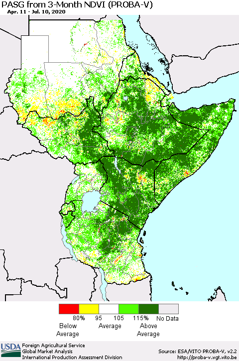 Eastern Africa PASG from 3-Month NDVI (PROBA-V) Thematic Map For 7/1/2020 - 7/10/2020