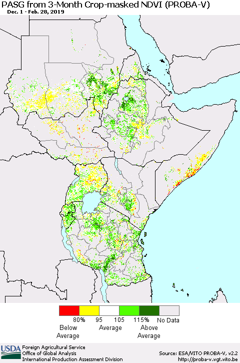 Eastern Africa PASG from 3-Month Crop-masked NDVI (PROBA-V) Thematic Map For 2/21/2019 - 2/28/2019