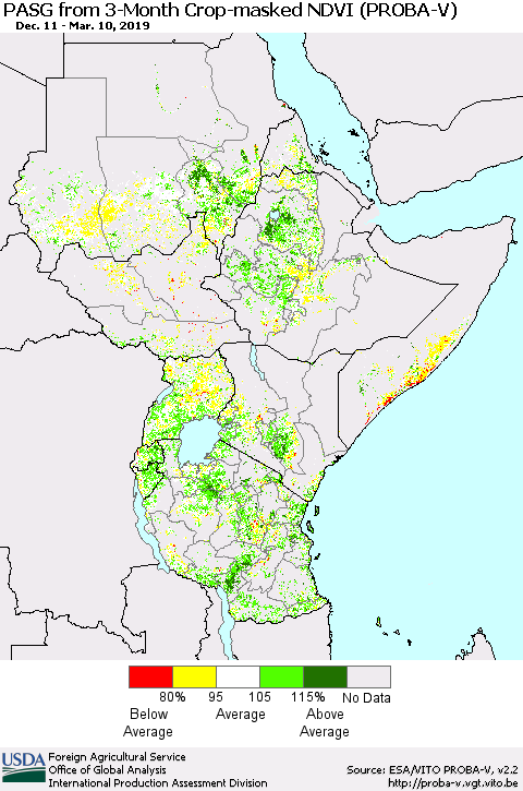 Eastern Africa PASG from 3-Month Crop-masked NDVI (PROBA-V) Thematic Map For 3/1/2019 - 3/10/2019