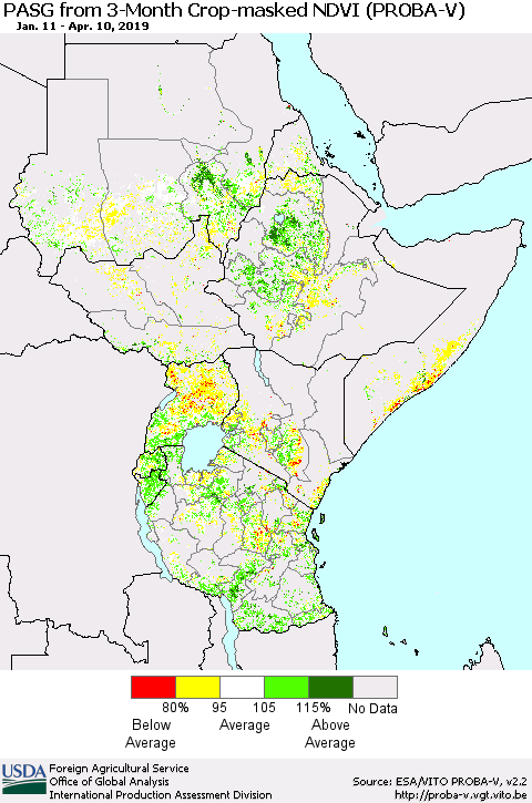 Eastern Africa PASG from 3-Month Crop-masked NDVI (PROBA-V) Thematic Map For 4/1/2019 - 4/10/2019