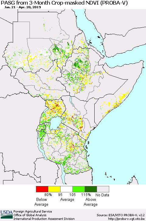 Eastern Africa PASG from 3-Month Crop-masked NDVI (PROBA-V) Thematic Map For 4/11/2019 - 4/20/2019