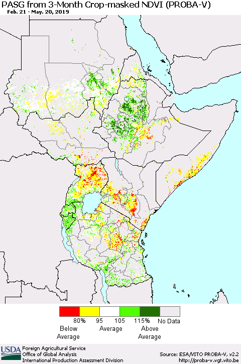 Eastern Africa PASG from 3-Month Crop-masked NDVI (PROBA-V) Thematic Map For 5/11/2019 - 5/20/2019
