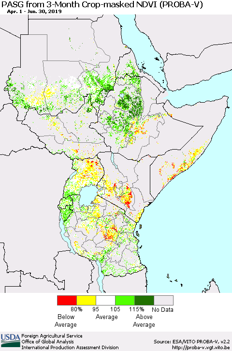 Eastern Africa PASG from 3-Month Crop-masked NDVI (PROBA-V) Thematic Map For 6/21/2019 - 6/30/2019