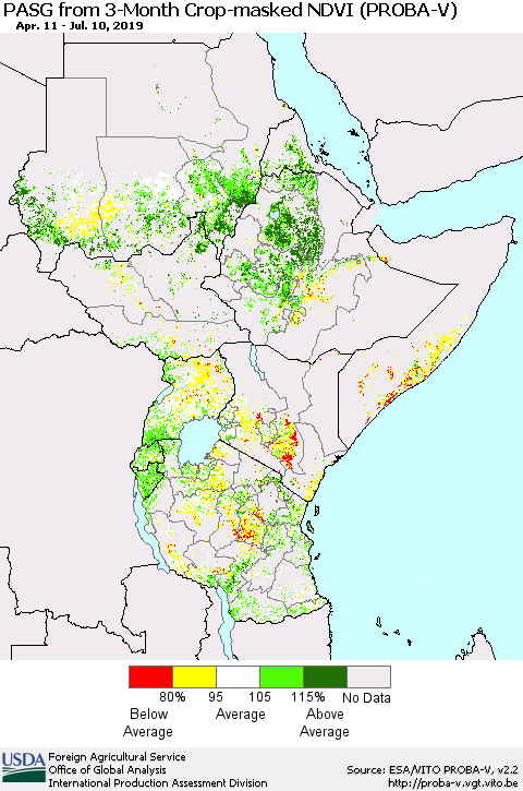 Eastern Africa PASG from 3-Month Crop-masked NDVI (PROBA-V) Thematic Map For 7/1/2019 - 7/10/2019