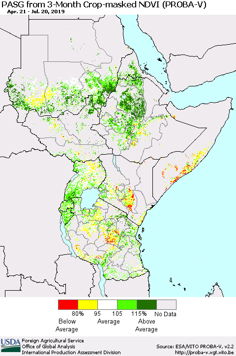 Eastern Africa PASG from 3-Month Crop-masked NDVI (PROBA-V) Thematic Map For 7/11/2019 - 7/20/2019