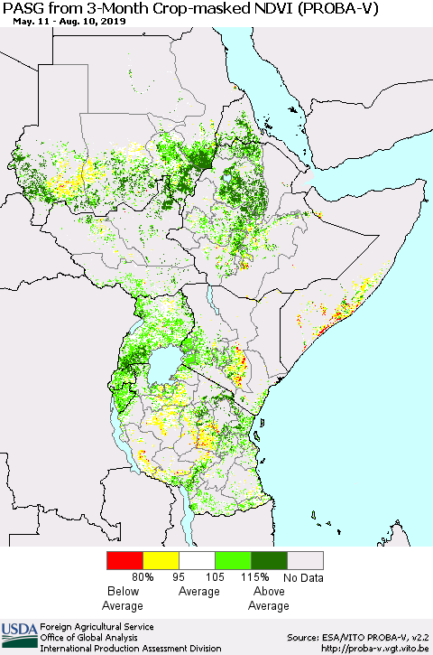 Eastern Africa PASG from 3-Month Crop-masked NDVI (PROBA-V) Thematic Map For 8/1/2019 - 8/10/2019