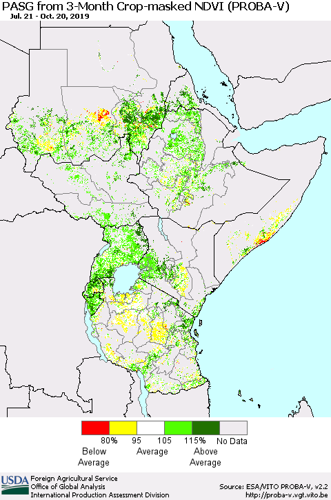 Eastern Africa PASG from 3-Month Crop-masked NDVI (PROBA-V) Thematic Map For 10/11/2019 - 10/20/2019