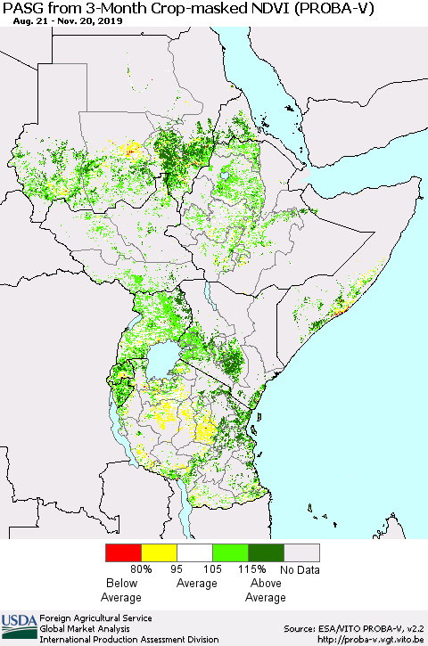 Eastern Africa PASG from 3-Month Crop-masked NDVI (PROBA-V) Thematic Map For 11/11/2019 - 11/20/2019