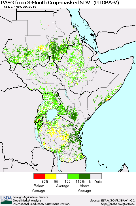 Eastern Africa PASG from 3-Month Crop-masked NDVI (PROBA-V) Thematic Map For 11/21/2019 - 11/30/2019