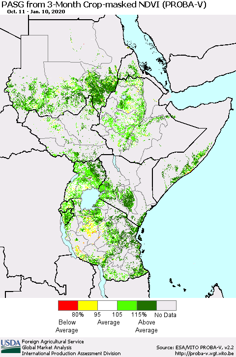Eastern Africa PASG from 3-Month Crop-masked NDVI (PROBA-V) Thematic Map For 1/1/2020 - 1/10/2020