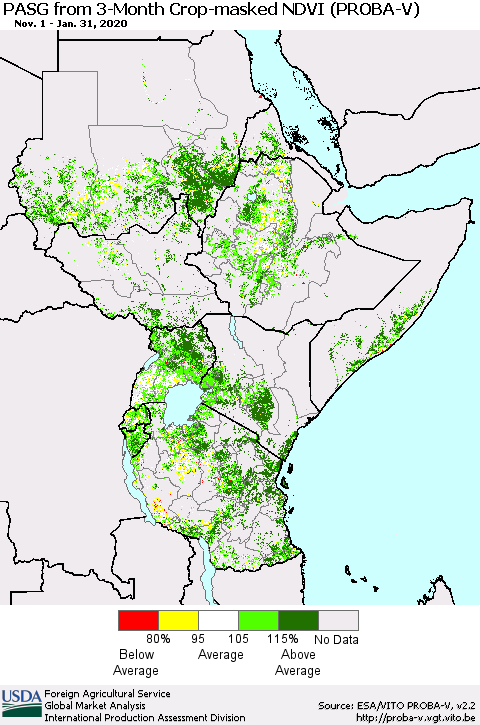 Eastern Africa PASG from 3-Month Crop-masked NDVI (PROBA-V) Thematic Map For 1/21/2020 - 1/31/2020