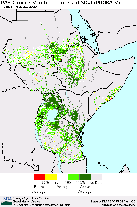 Eastern Africa PASG from 3-Month Crop-masked NDVI (PROBA-V) Thematic Map For 3/21/2020 - 3/31/2020