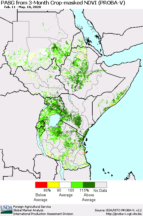 Eastern Africa PASG from 3-Month Crop-masked NDVI (PROBA-V) Thematic Map For 5/1/2020 - 5/10/2020
