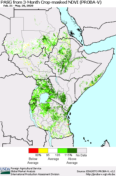 Eastern Africa PASG from 3-Month Crop-masked NDVI (PROBA-V) Thematic Map For 5/11/2020 - 5/20/2020