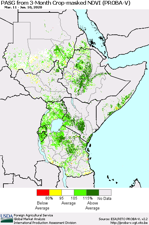 Eastern Africa PASG from 3-Month Crop-masked NDVI (PROBA-V) Thematic Map For 6/1/2020 - 6/10/2020