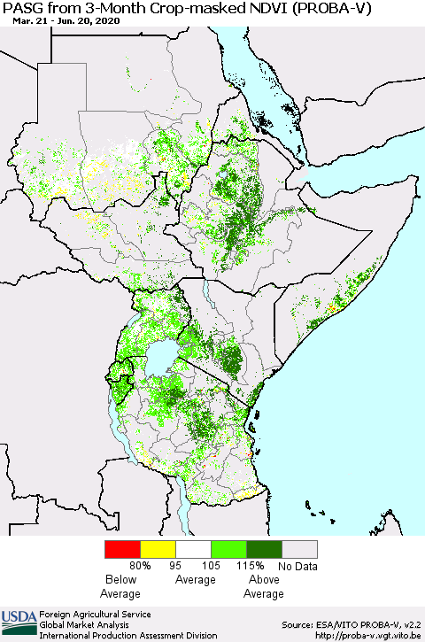 Eastern Africa PASG from 3-Month Crop-masked NDVI (PROBA-V) Thematic Map For 6/11/2020 - 6/20/2020