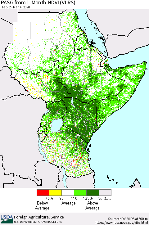 Eastern Africa PASG from 1-Month NDVI (VIIRS) Thematic Map For 3/1/2020 - 3/10/2020