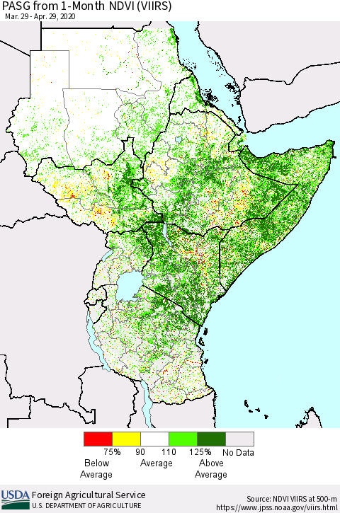 Eastern Africa PASG from 1-Month NDVI (VIIRS) Thematic Map For 4/21/2020 - 4/30/2020