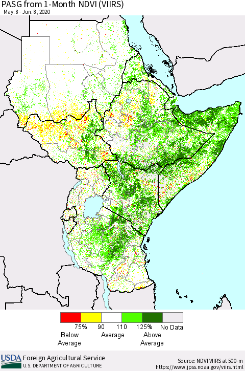 Eastern Africa PASG from 1-Month NDVI (VIIRS) Thematic Map For 6/1/2020 - 6/10/2020
