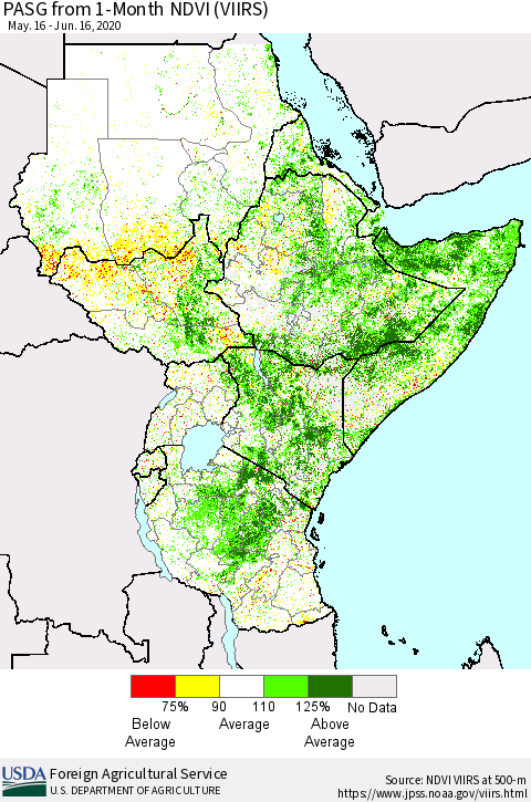 Eastern Africa PASG from 1-Month NDVI (VIIRS) Thematic Map For 6/11/2020 - 6/20/2020