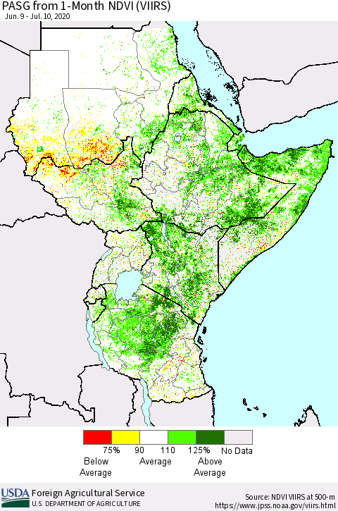 Eastern Africa PASG from 1-Month NDVI (VIIRS) Thematic Map For 7/1/2020 - 7/10/2020