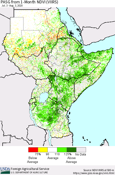 Eastern Africa PASG from 1-Month NDVI (VIIRS) Thematic Map For 8/1/2020 - 8/10/2020