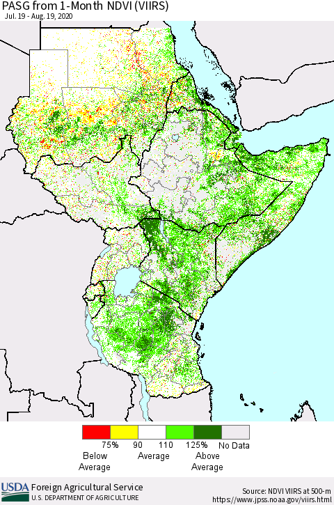 Eastern Africa PASG from 1-Month NDVI (VIIRS) Thematic Map For 8/11/2020 - 8/20/2020