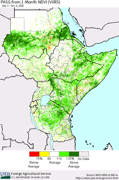 Eastern Africa PASG from 1-Month NDVI (VIIRS) Thematic Map For 10/1/2020 - 10/10/2020