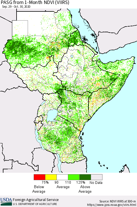 Eastern Africa PASG from 1-Month NDVI (VIIRS) Thematic Map For 10/21/2020 - 10/31/2020