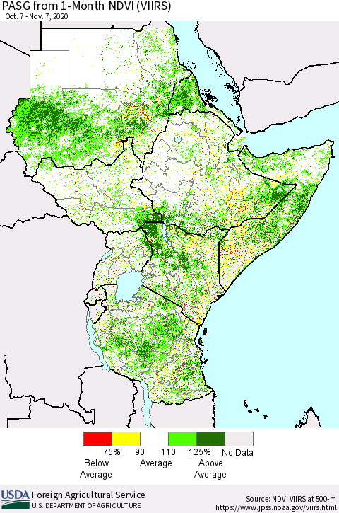 Eastern Africa PASG from 1-Month NDVI (VIIRS) Thematic Map For 11/1/2020 - 11/10/2020