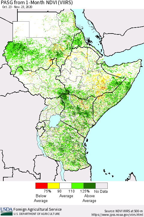 Eastern Africa PASG from 1-Month NDVI (VIIRS) Thematic Map For 11/21/2020 - 11/30/2020