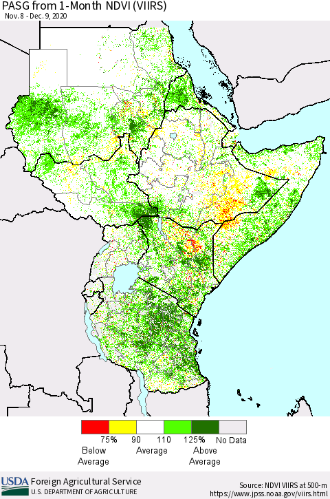 Eastern Africa PASG from 1-Month NDVI (VIIRS) Thematic Map For 12/1/2020 - 12/10/2020