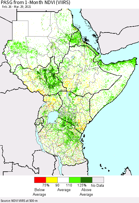 Eastern Africa PASG from 1-Month NDVI (VIIRS) Thematic Map For 3/22/2021 - 3/29/2021