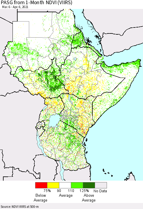 Eastern Africa PASG from 1-Month NDVI (VIIRS) Thematic Map For 3/30/2021 - 4/6/2021