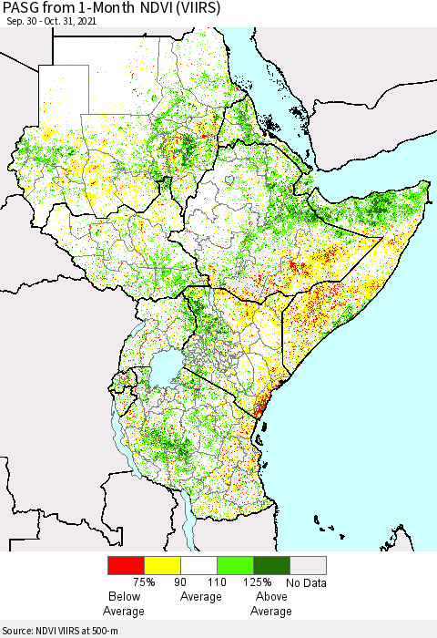 Eastern Africa PASG from 1-Month NDVI (VIIRS) Thematic Map For 10/24/2021 - 10/31/2021