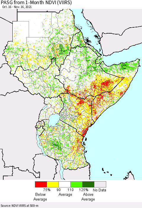 Eastern Africa PASG from 1-Month NDVI (VIIRS) Thematic Map For 11/9/2021 - 11/16/2021