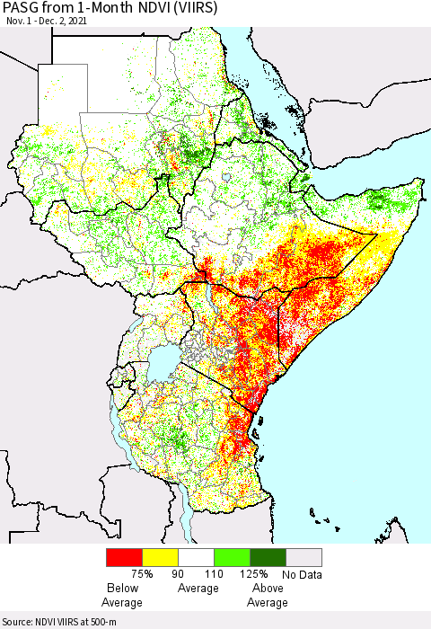 Eastern Africa PASG from 1-Month NDVI (VIIRS) Thematic Map For 11/25/2021 - 12/2/2021