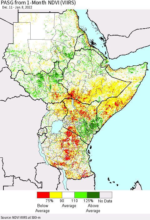 Eastern Africa PASG from 1-Month NDVI (VIIRS) Thematic Map For 1/1/2022 - 1/8/2022