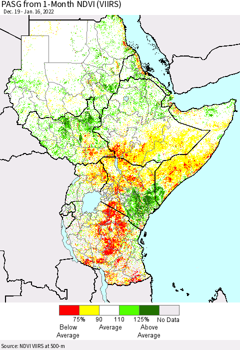 Eastern Africa PASG from 1-Month NDVI (VIIRS) Thematic Map For 1/9/2022 - 1/16/2022