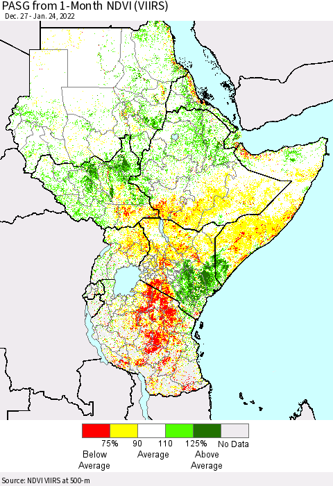 Eastern Africa PASG from 1-Month NDVI (VIIRS) Thematic Map For 1/17/2022 - 1/24/2022