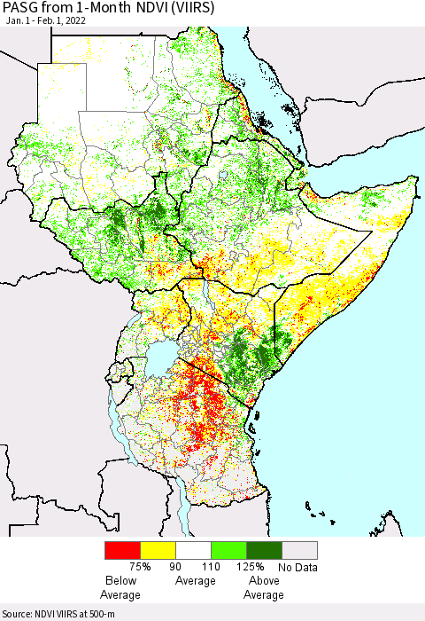 Eastern Africa PASG from 1-Month NDVI (VIIRS) Thematic Map For 1/25/2022 - 2/1/2022
